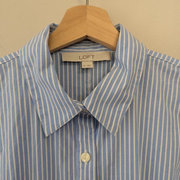 Loft Striped Poplin Shirt Dress Tailored Preppy Midi Blue White - Picture 9 of 12